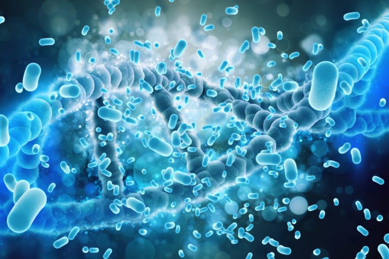 3D medical background with DNA strand being attacked by virus ce